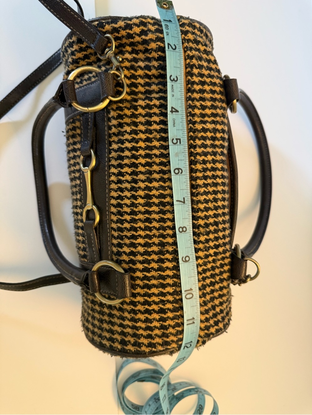 Vintage Houndstooth Hobo Satchel in Brown and Tan with Brass Accents - Picture 13 of 16